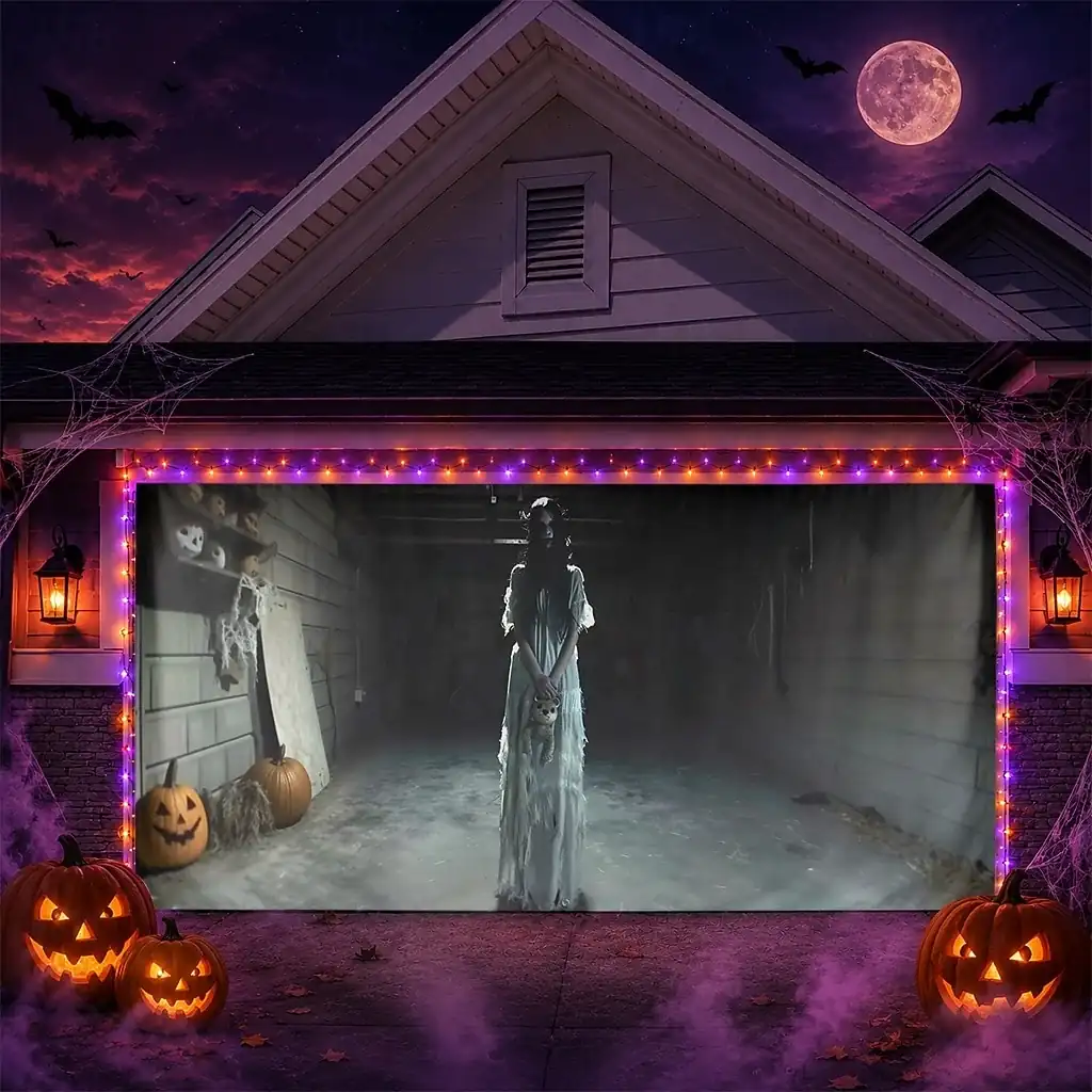 Halloween Garage Door Cover With String Lights Creepy Girl in Haunted Garage Banner Horror Ghost Scene Backdrop Tapestry for Scary Outdoor Decoration