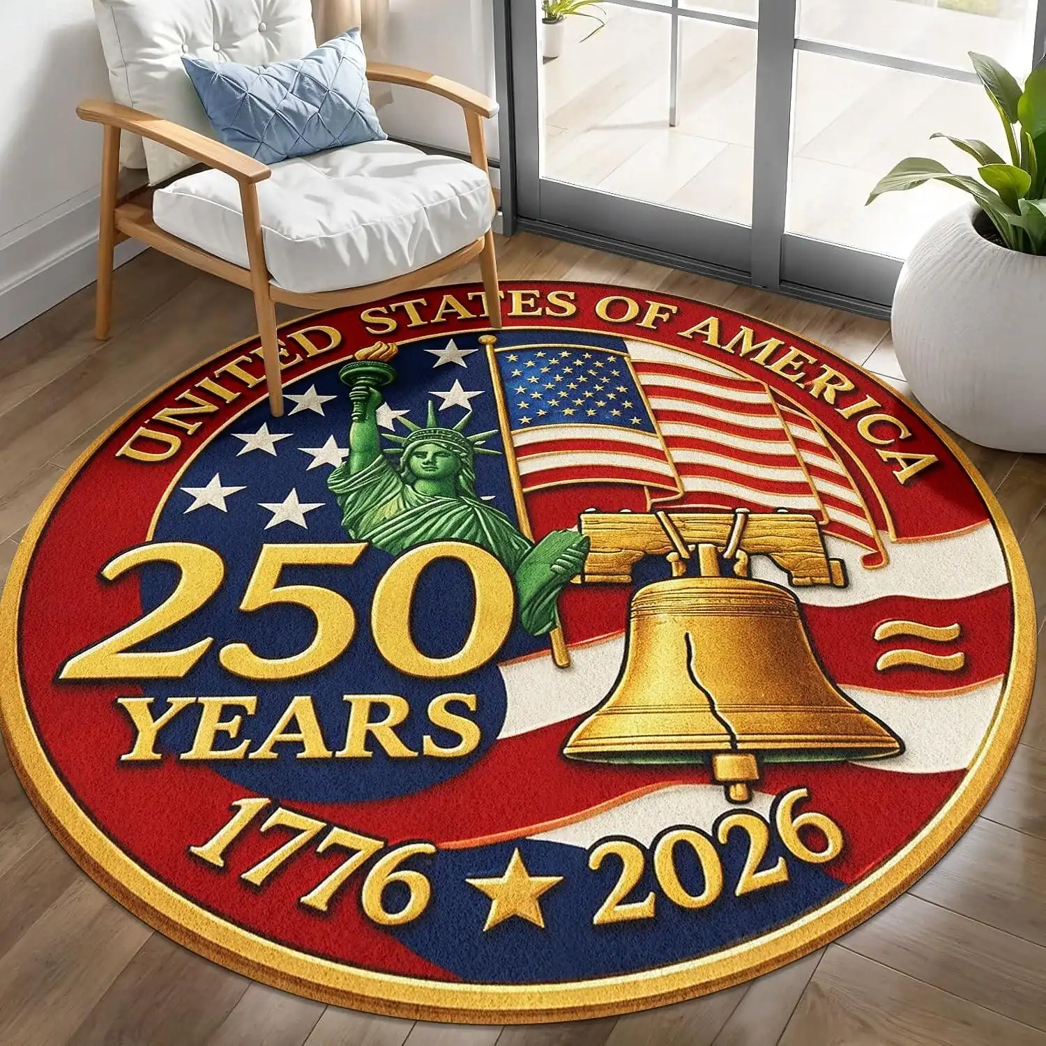 USA 250th Anniversary Round Area Rug Commemorative 250 Years 1776-Design with Liberty Bell and Statue of Liberty Patriotic Round Floor Decor for