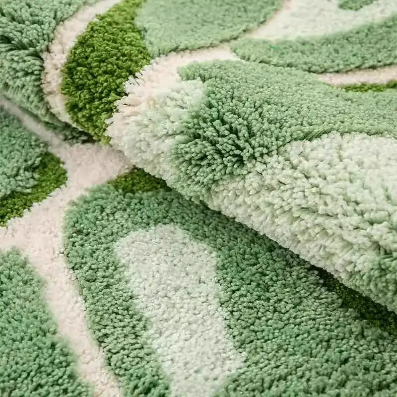 Greenery Faux Cashmere Shaggy Area Rug, Leaf Design Bedside Mat with Ambiance for Bedroom and Non-Slip Bathroom Foot Mat