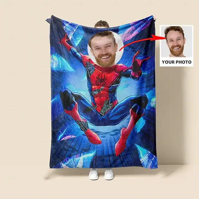 Superhero Blanket Personalized Spider Blanket with Picture customized Throw Blanket for Boys Valentines Day Birthday Gift for Super Hero Lover -