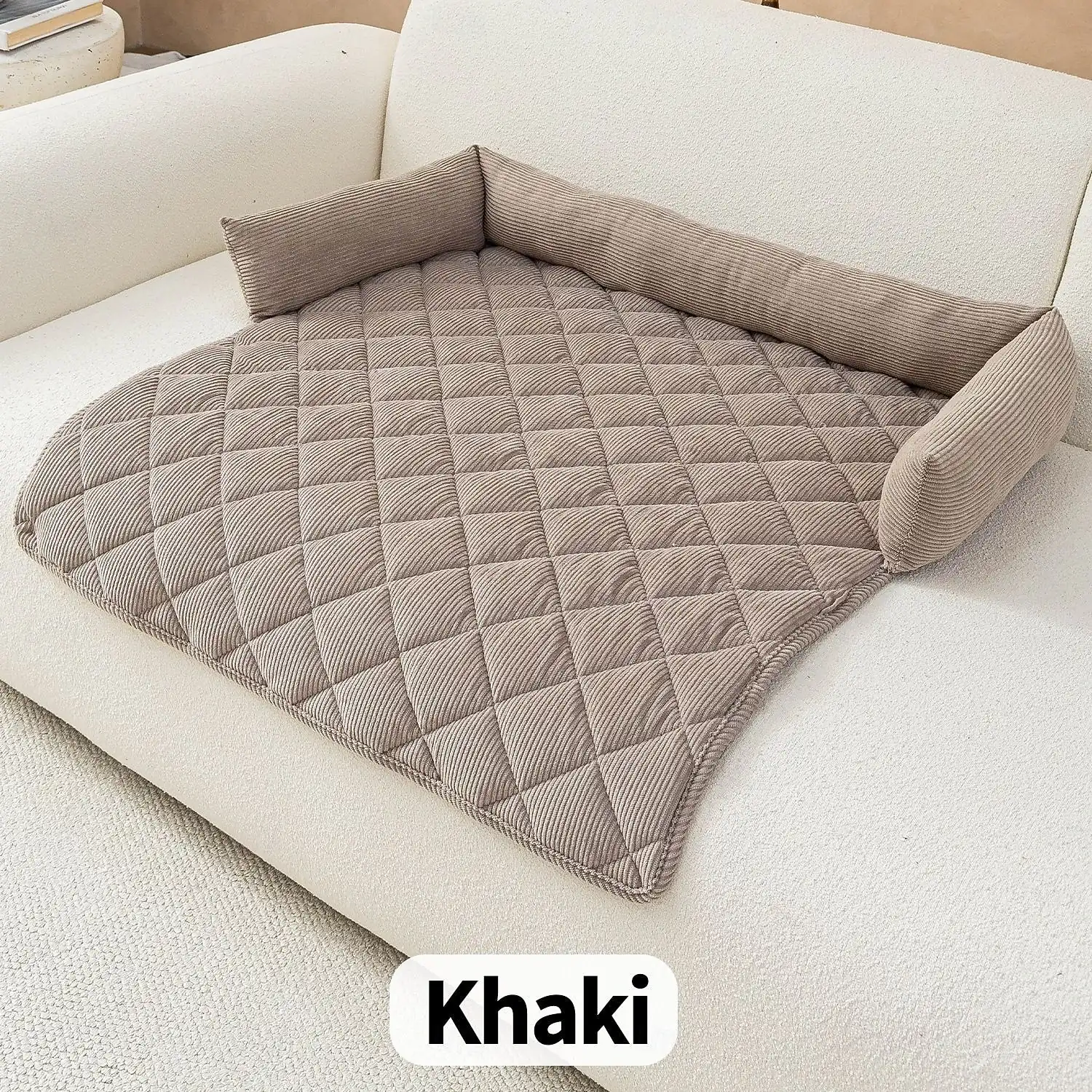 Calming Dog Bed Couch Cover Quilted Slip Resistant Dog Sofa Cover with Soft Neck Bolster Washable Pet Couch Cover Coral Fleece Furniture Protector for