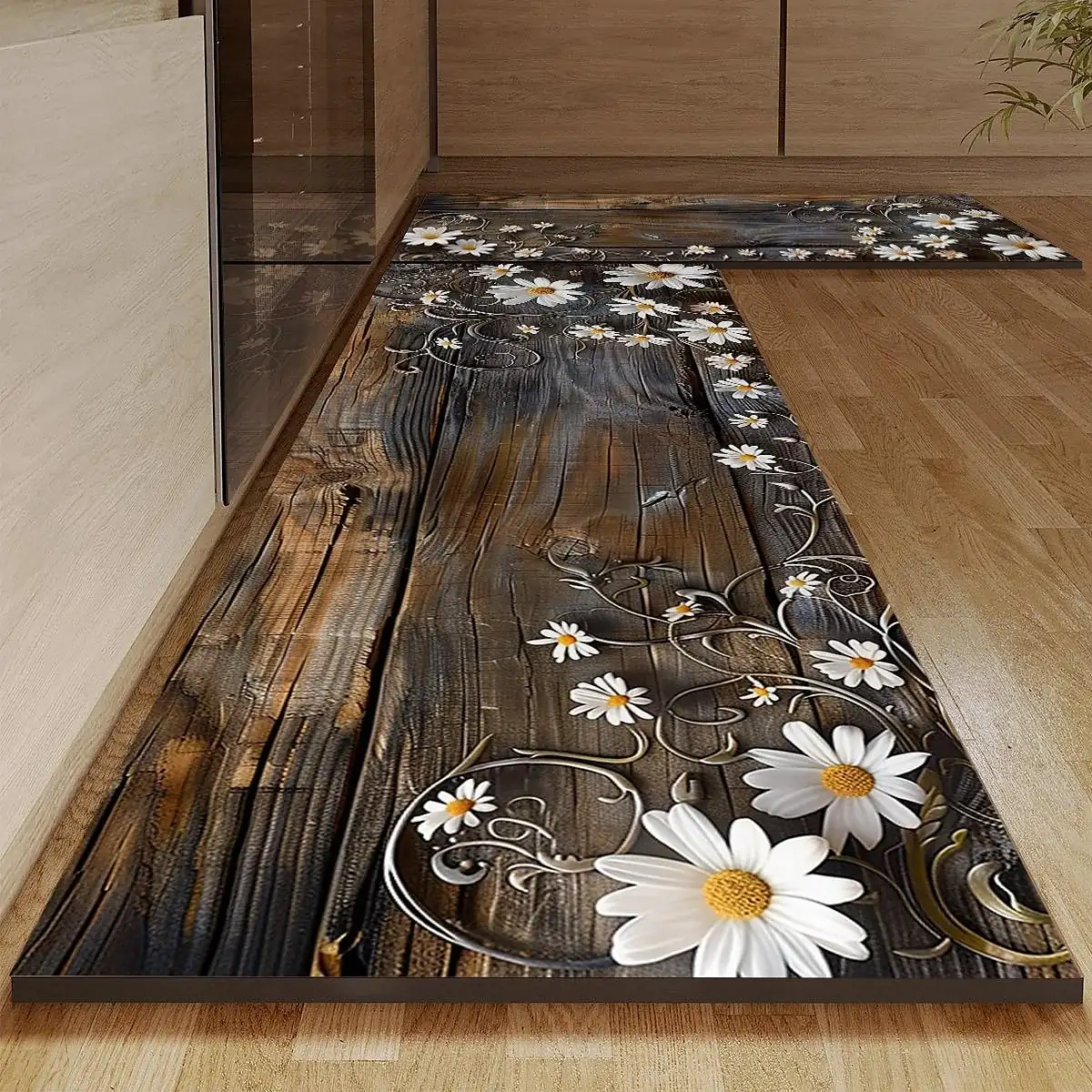 Wooden Daisy Area Rug Kitchen Mat Non-Slip Oil Proof Floor Mat Livingroom Rug Indoor Outdoor Mat Bedroom Decor Bathroom Mat Entrance Rug Door Mat
