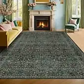 Dark Green Area Rug For Living Room And Bedroom Bohemian Floral Faux Wool Soft Non-Slip Floor Carpet Bedside Rug Balcony Home Decoration Vintage Flora