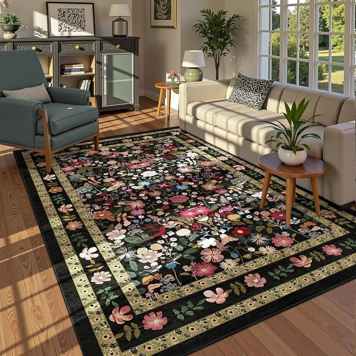 American Floral Living Room Rug, Hotel Decor Carpet, Full Coverage Bedroom Rug, Stain-Resistant and Easy-to-Clean Floor Mat