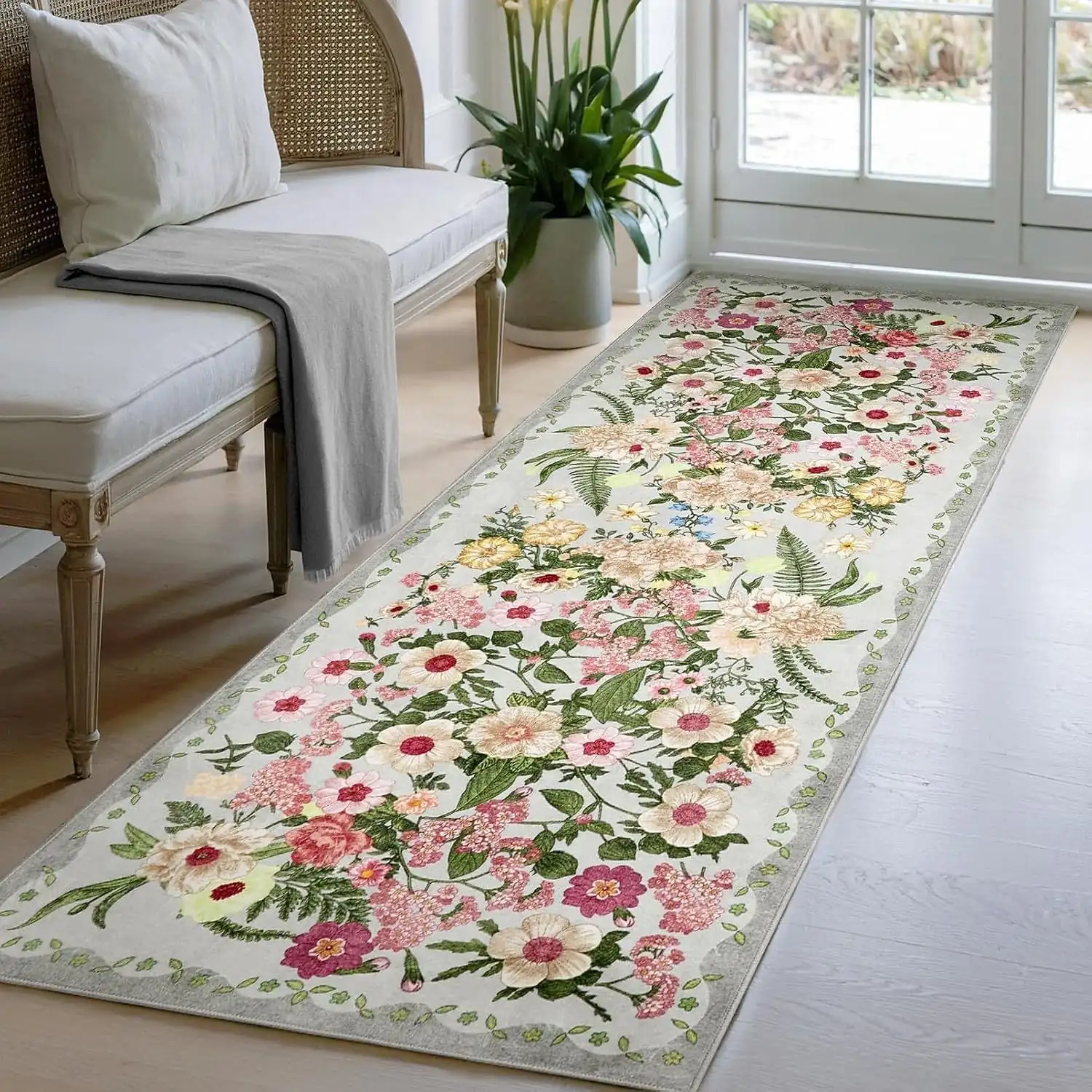 Floral Faux Cashmere Runner Rug Non-Slip Living Room Balcony Carpet Durable Easy-to-Clean Bedroom Bedside Mat