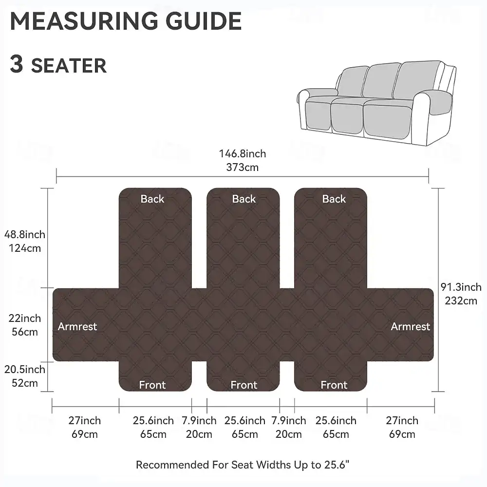 100% Waterproof Quilted Recliner Couch Cover 3 Seat 1 Piece Washable Reclining Sofa Cover Non Slip Furniture Protector with Elastic Straps and Pocket