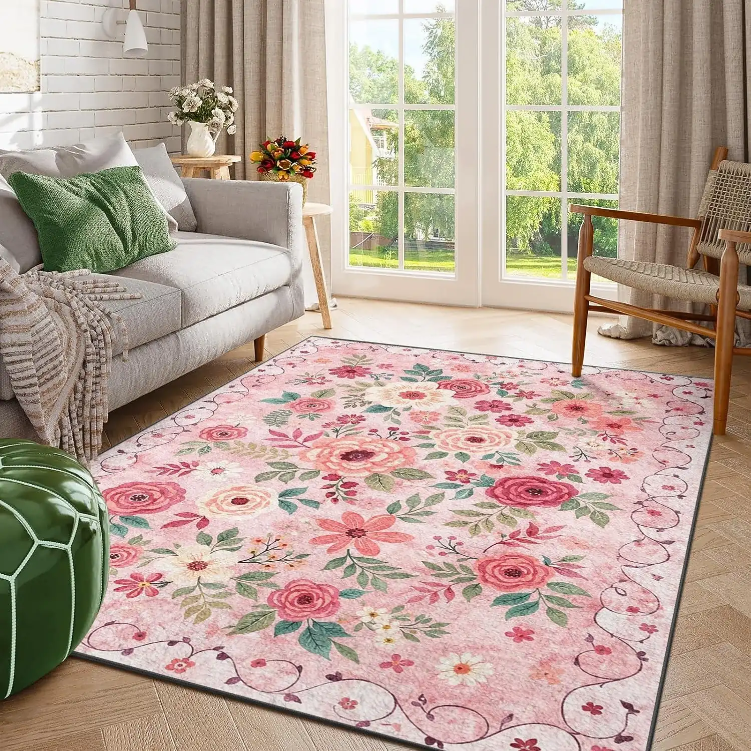 Floral Area Rug Pink Rose and Blossom Vine Pattern Soft Decorative Carpet for Living Room, Bedroom, and Home Decor
