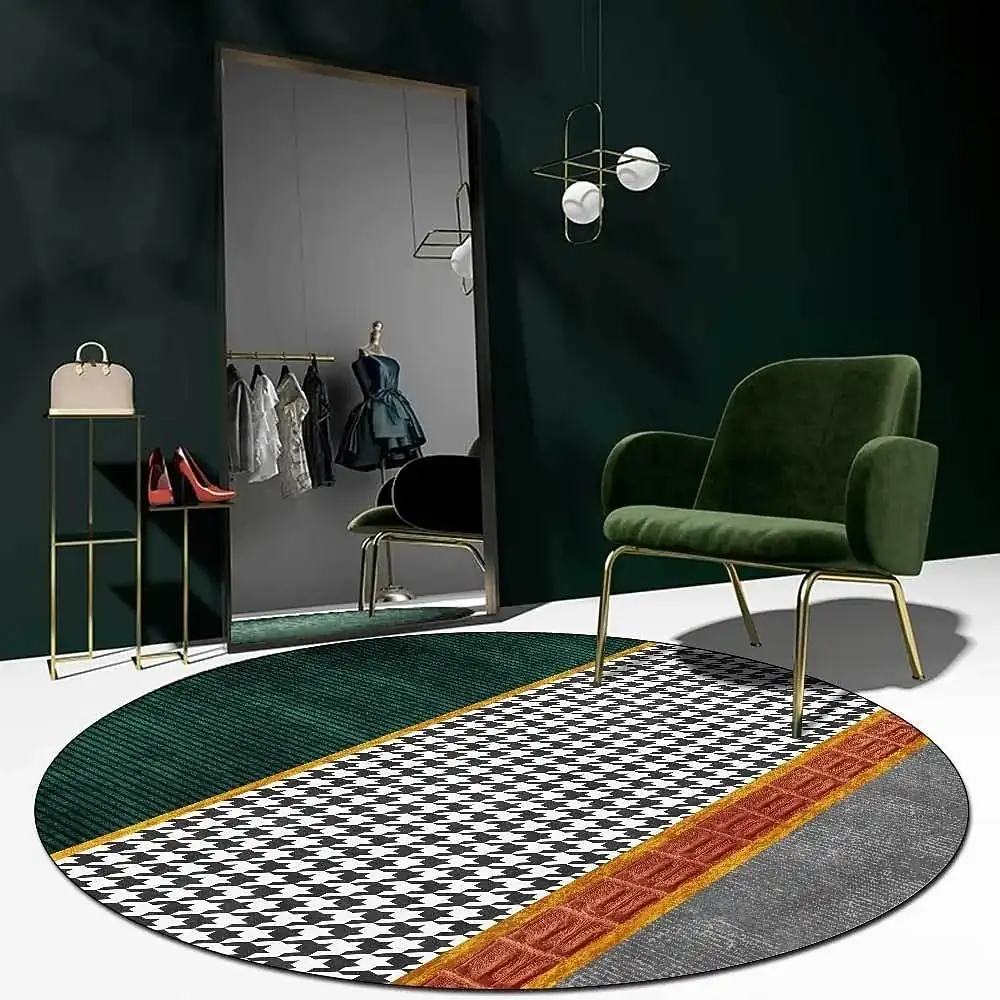 Round Houndstooth Area Rug Floor Decor Non Slip Absorbent Carpet For Entryway Bedroom Living Room Sofa Home Deco