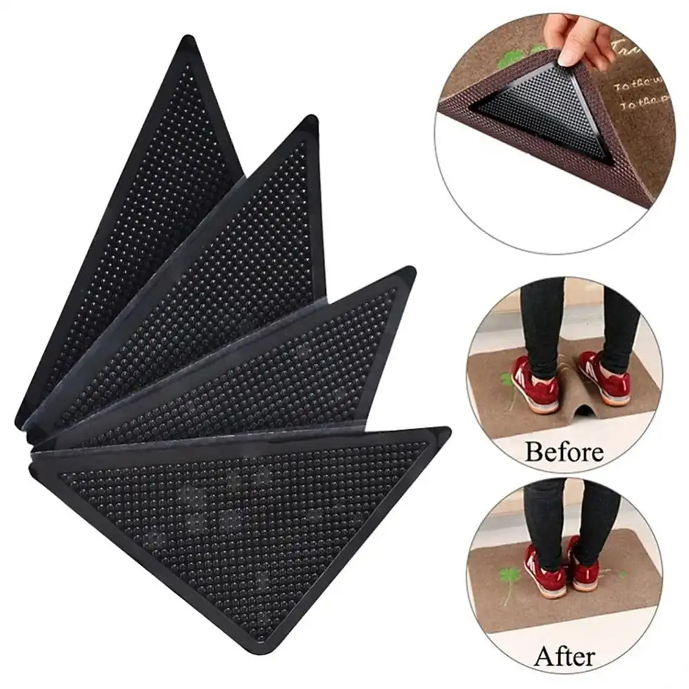 4pcs Rug Corners Grippers for Hardwood Floors Wood Floor Carpet Laminate Area Rugs on Tile - Rug Stickers - Rug Pads - Rug Tape - Double Sided Rug Tap
